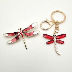 Dragonfly Stained Glass Brooch & Keychain Set Gold Tone Fashion Jewelry Gift